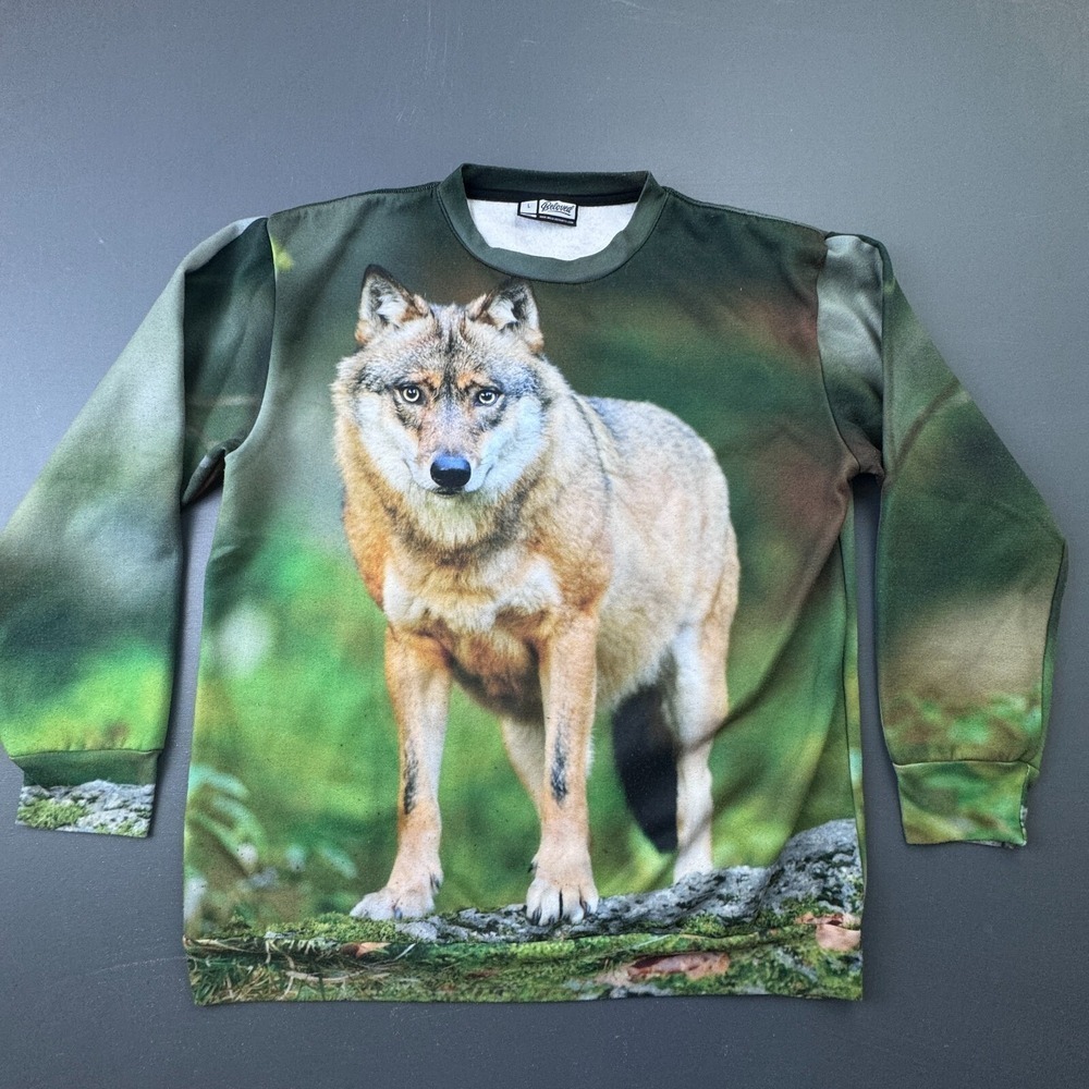 Beloved Wolf Graphic Sweatshirt Men's Size Large Green All Over Print Crewneck